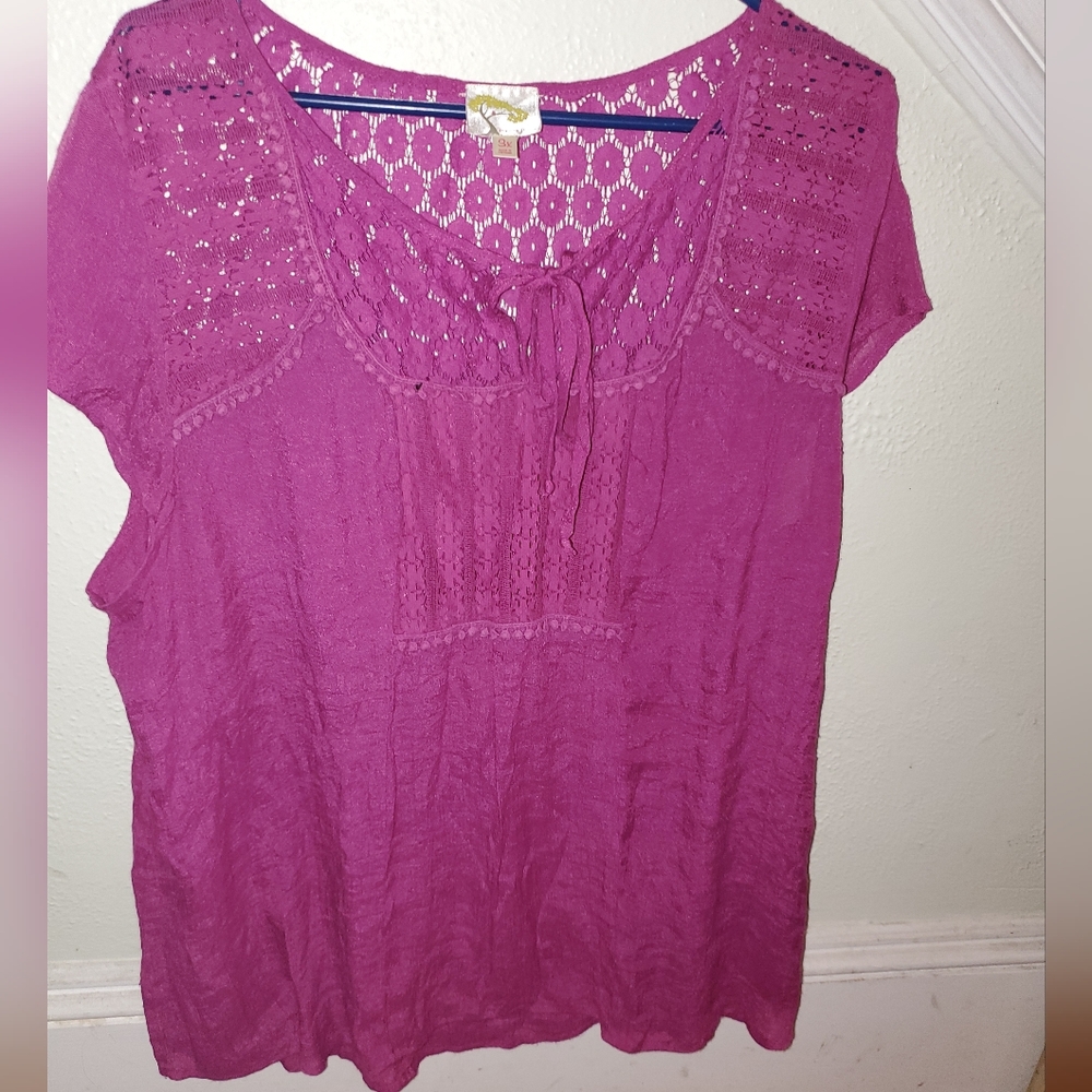 Fig & Flower Boho Magenta Swiss dot Lace blouse 3X